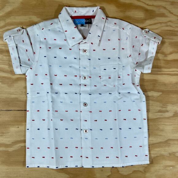 Goodlad Boys White Short Sleeve Button Shirt Red Blue Mini Print Size 4T Summer - Picture 2 of 9